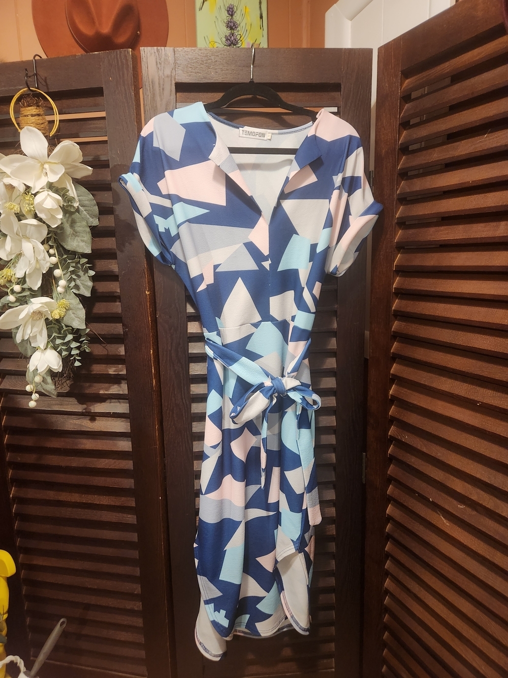 Temofon Blue Geometric Midi Dress with Pastel Accents